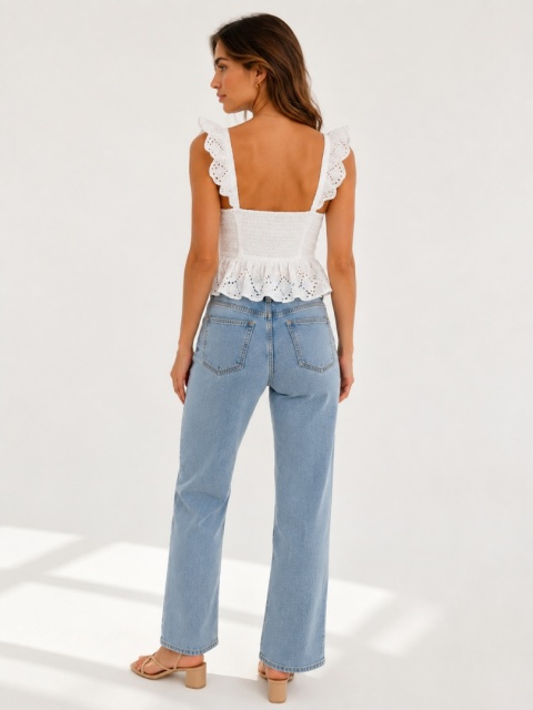 GUESS Biały Top Boho Ażurowy z Falbankami i Haftem – Rozmiar L