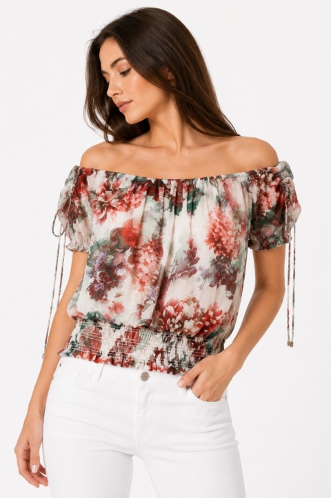 GUESS Bluzka Hiszpanka Kwiatowa Floral Print Marszczenie Rozmiar M