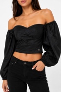 GUESS Czarna bluzka crop off shoulder z bufiastymi rękawami L
