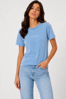 GUESS JEANS T-shirt damski niebieski vintage wash z logo, rozmiar XL, nowy z metką