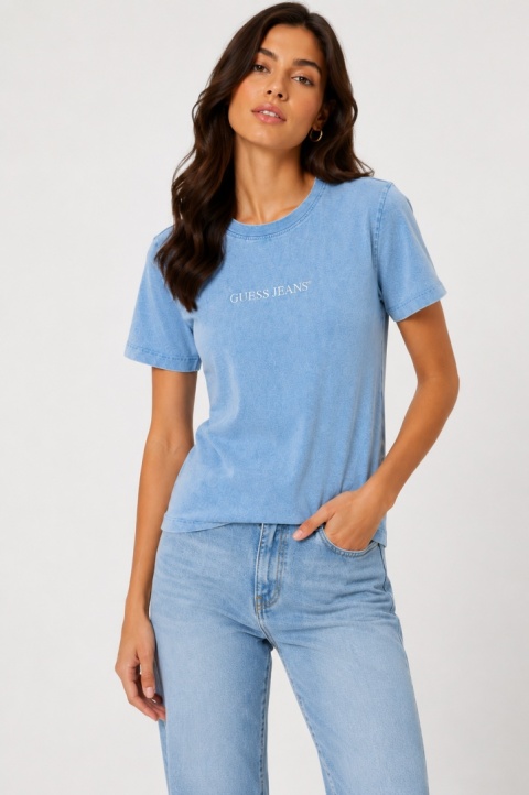 GUESS JEANS T-shirt damski niebieski vintage wash z logo, rozmiar XL, nowy z metką