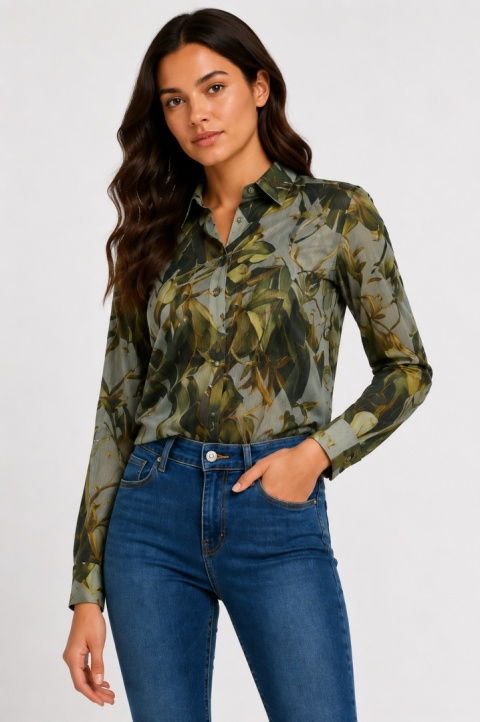 GUESS LS CLOUIS SHIRT Koszula Damska Transparentna w Liście Zielona R. S