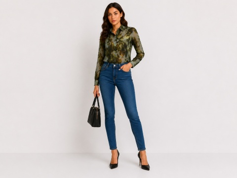 GUESS LS CLOUIS SHIRT Koszula Damska Transparentna w Liście Zielona R. S