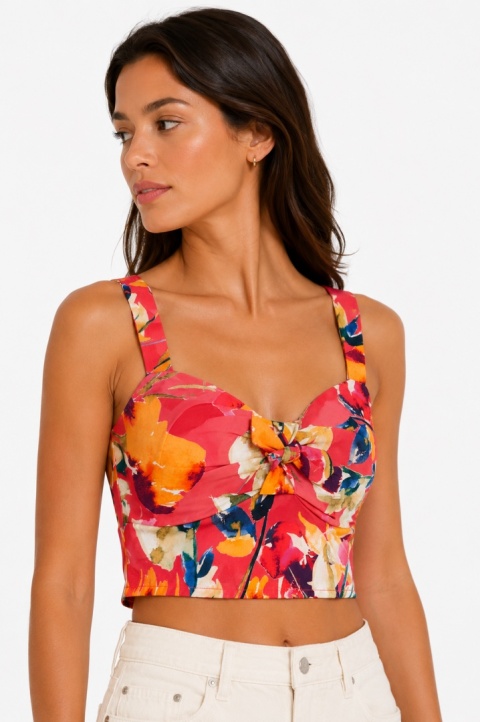 GUESS Leta Crop Top – kolorowy top damski w kwiatowy wzór z wiązaniem – rozmiar XS (EU 34)