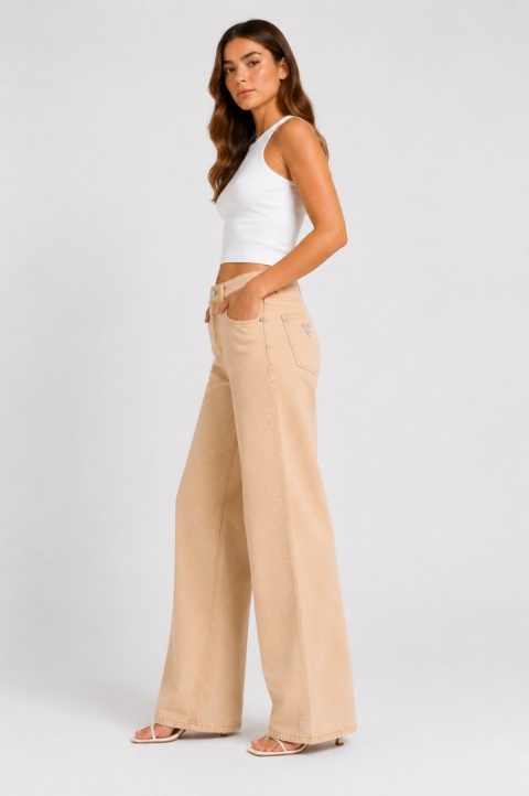 GUESS Los Angeles Spodnie damskie wide leg beżowe – rozmiar W25 L32 – nowe z metką