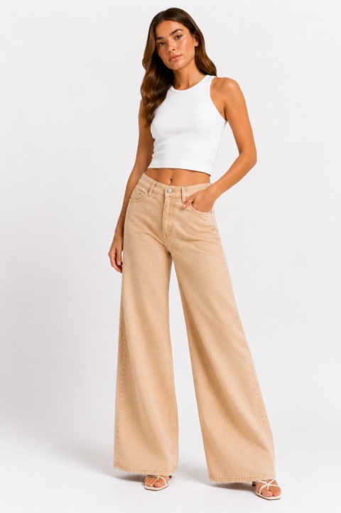 GUESS Los Angeles Spodnie damskie wide leg beżowe – rozmiar W25 L32 – nowe z metką
