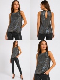 GUESS Margot Sequins Top – elegancki top z cekinowym efektem, czarno-srebrny, rozmiar S