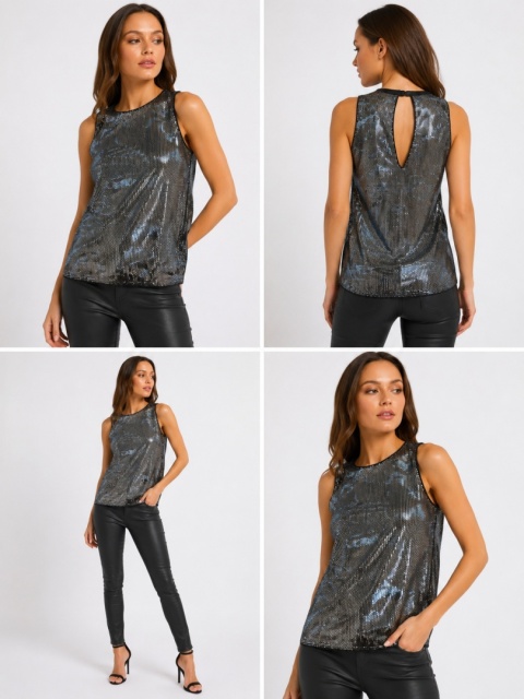 GUESS Margot Sequins Top – elegancki top z cekinowym efektem, czarno-srebrny, rozmiar S