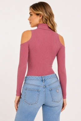 GUESS Prążkowane Body z Golfem i Odkrytymi Ramionami Różowe – Rozmiar L
