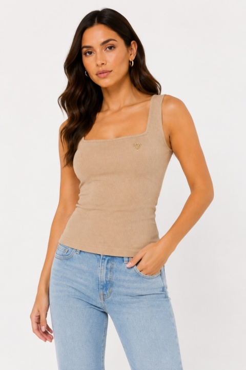 GUESS Rosy Top – prążkowany top damski z kwadratowym dekoltem, beżowy – rozmiar S