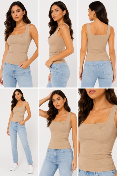 GUESS Rosy Top – prążkowany top damski z kwadratowym dekoltem, beżowy – rozmiar S