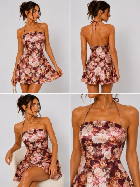 GUESS Sukienka Mini Floral Halter Burgundy Multicolor S – Kwiatowa Sukienka rozmiar S