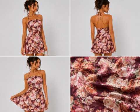 GUESS Sukienka Mini Floral Halter Burgundy Multicolor S – Kwiatowa Sukienka rozmiar S