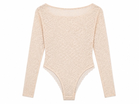 Guess Belle LS Body Koronkowe Nude Beżowe Długi Rękaw Rozmiar L