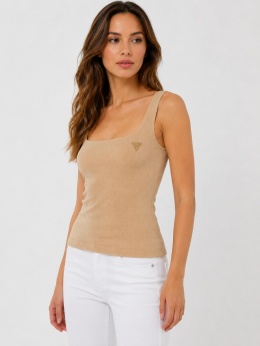 Guess Rosy Top Beżowy Prążkowany Top Damski z Logo – Rozmiar S