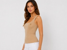 Guess Rosy Top Beżowy Prążkowany Top Damski z Logo – Rozmiar S