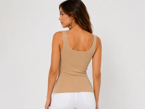 Guess Rosy Top Beżowy Prążkowany Top Damski z Logo – Rozmiar S
