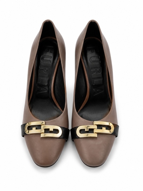 Furla Chain Pump 80 Skórzane Czółenka na Słupku Greige/Cognac Rozmiar 39