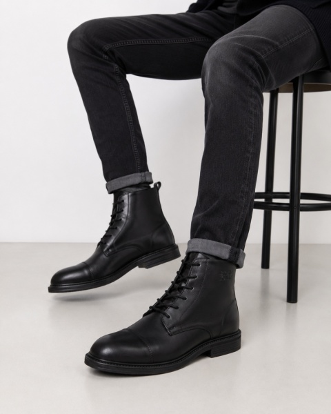 Jack & Jones skórzane botki męskie czarne sznurowane – rozmiar 42
