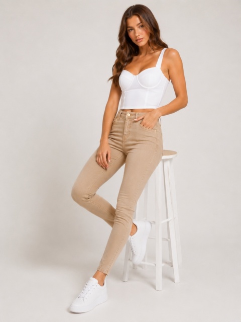 GUESS Sculpt High Rise Skinny – damskie spodnie, beżowe, rozmiar 27