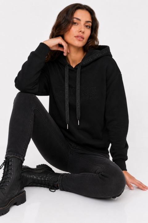 GUESS Zendra Hoodie – Czarna Bluza z Kapturem Logo 3D – Rozmiar S