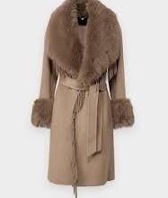GUESS by Marciano elegancki płaszcz z futrzanym kołnierzem i frędzlami – beżowy / taupe, IT 38 / EU 34